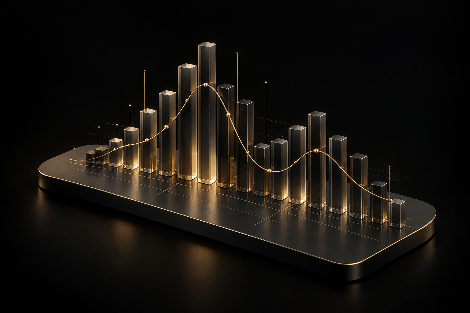 Sculptural smoky glass data bars connected by a champagne-gold analytical curve